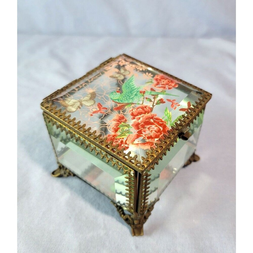 Jewelry Box NICOLE MILLER Home Glass Floral Birds Beveled Mirrored Trinket